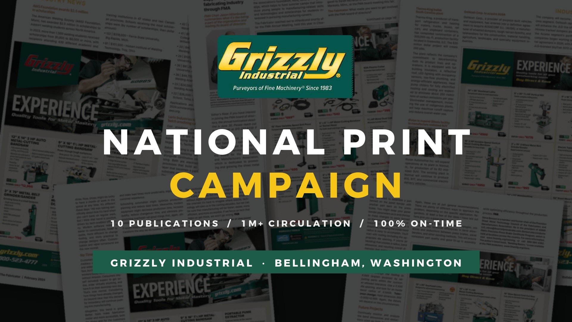 Grizzly Industrial national print campaign, real logo over tear sheets from The Fabricator