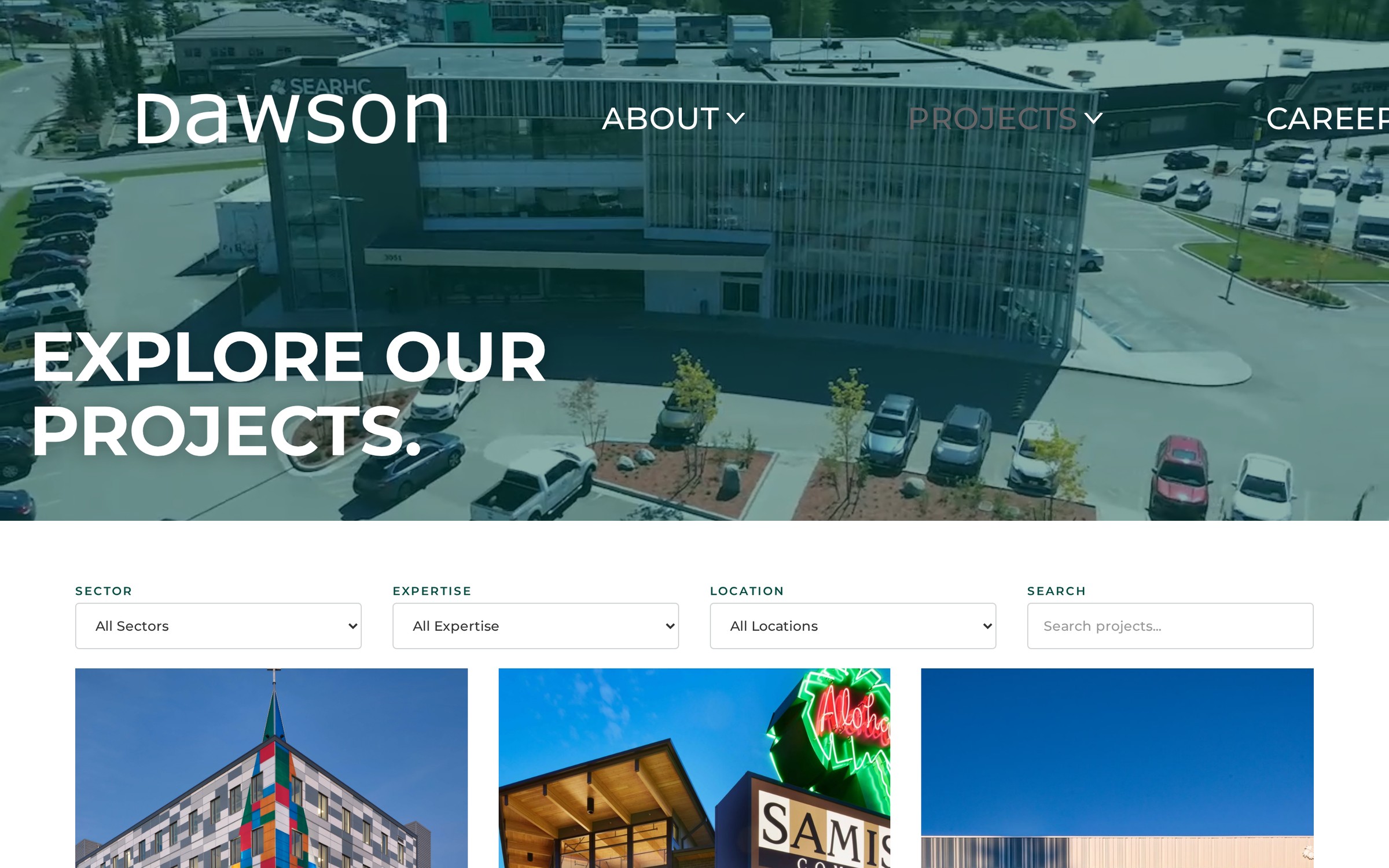 Projects index with Sector, Expertise, Location and search filters over a CMS grid
