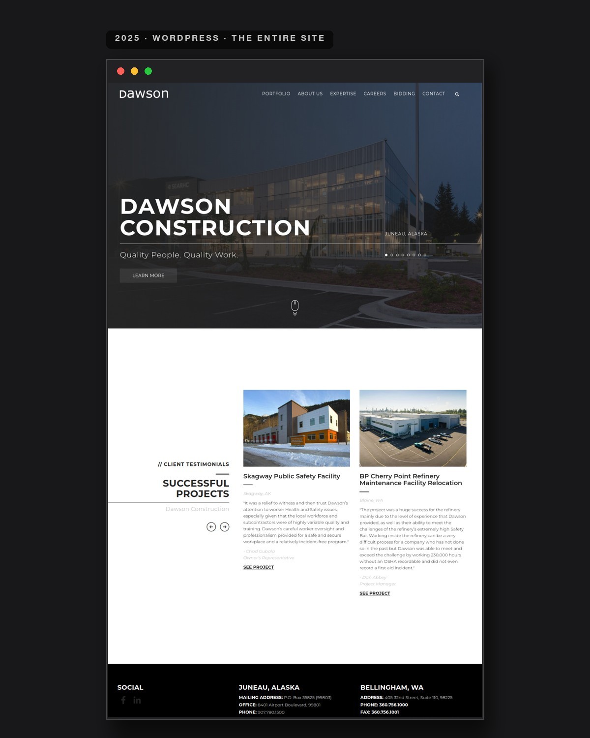 The old dawson.com — WordPress, static slideshow hero, two testimonial cards, thin footer