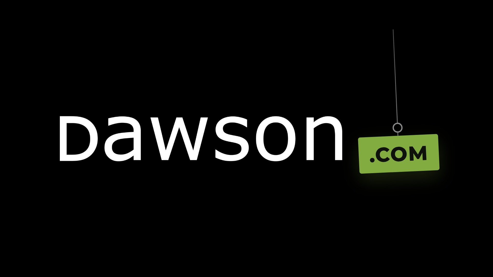 dawson.com lockup — the Dawson wordmark with a .COM block hanging from a crane hook