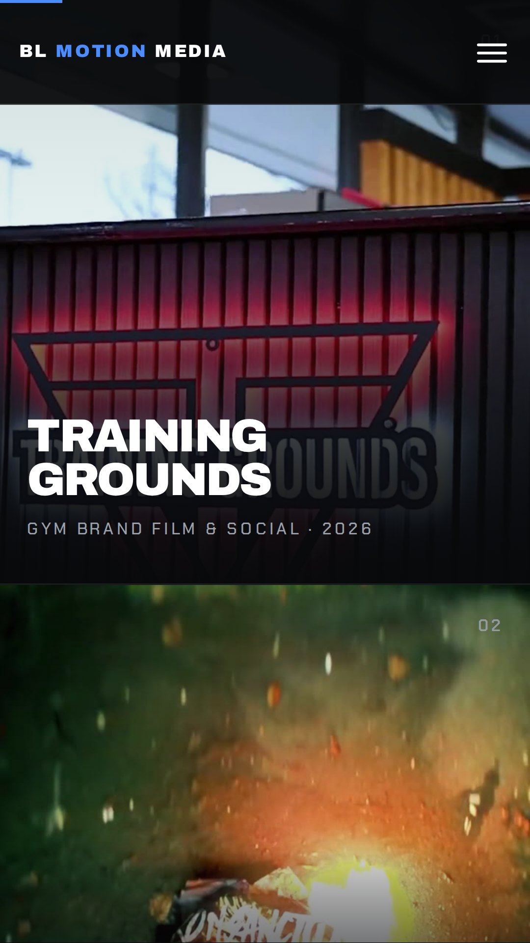 The Training Grounds row on the blmotion.com home page, full screen on a phone