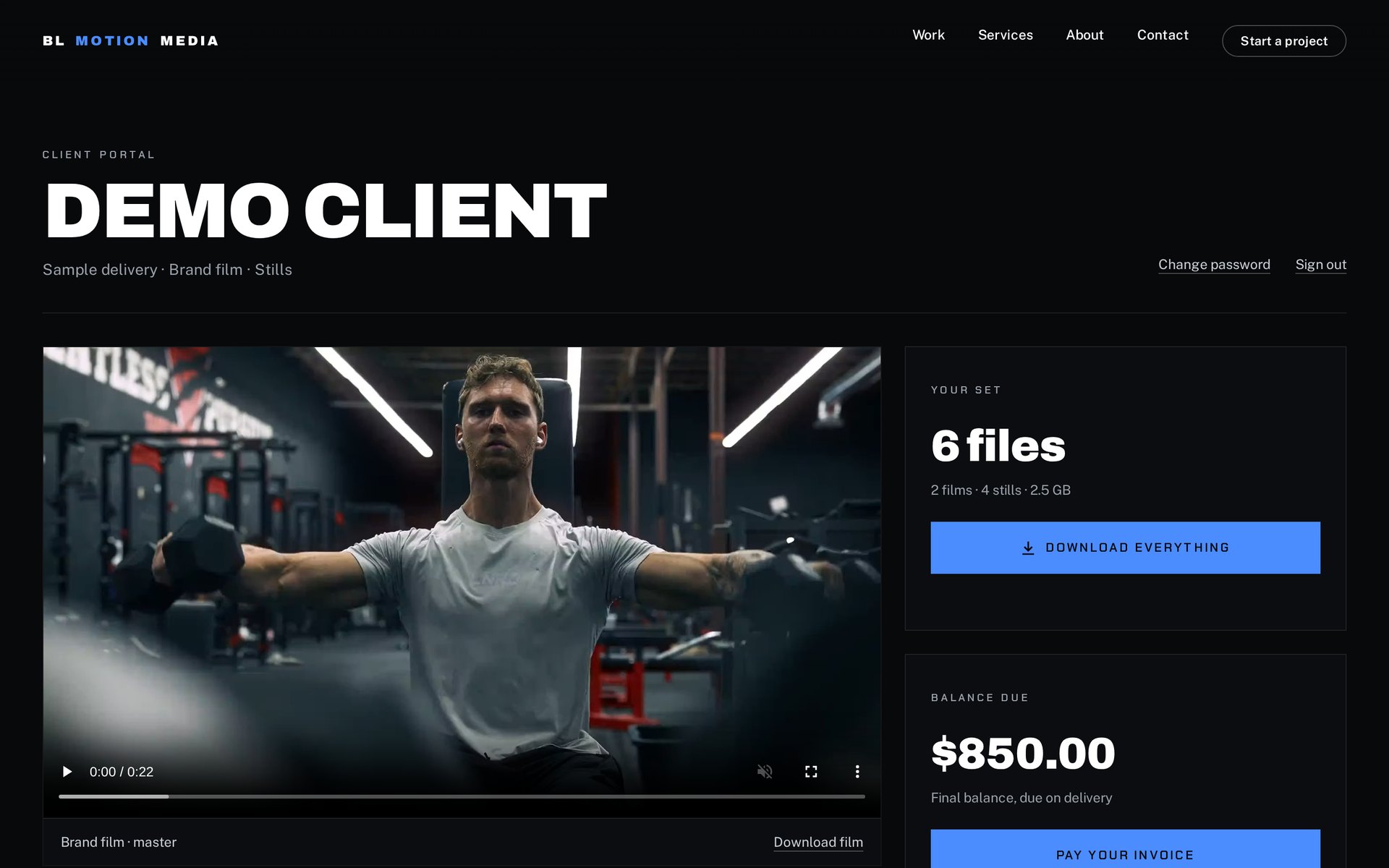 Client portal on desktop: featured film, set summary and balance