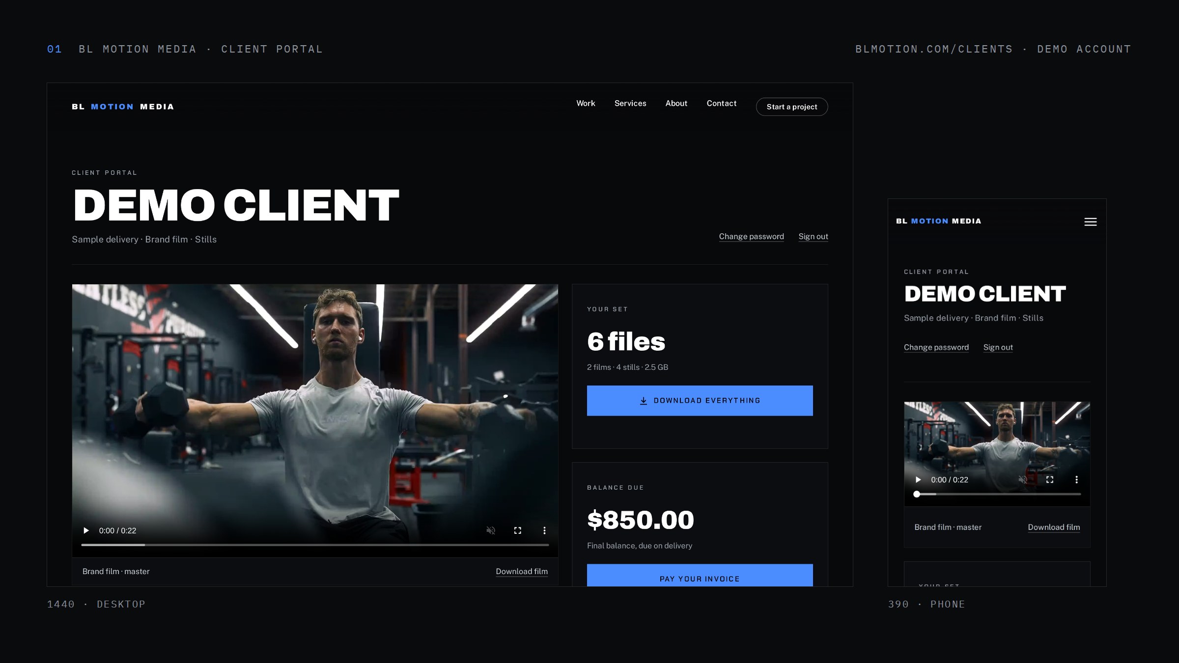 The BL Motion client portal at desktop and phone width, shown with a demo account