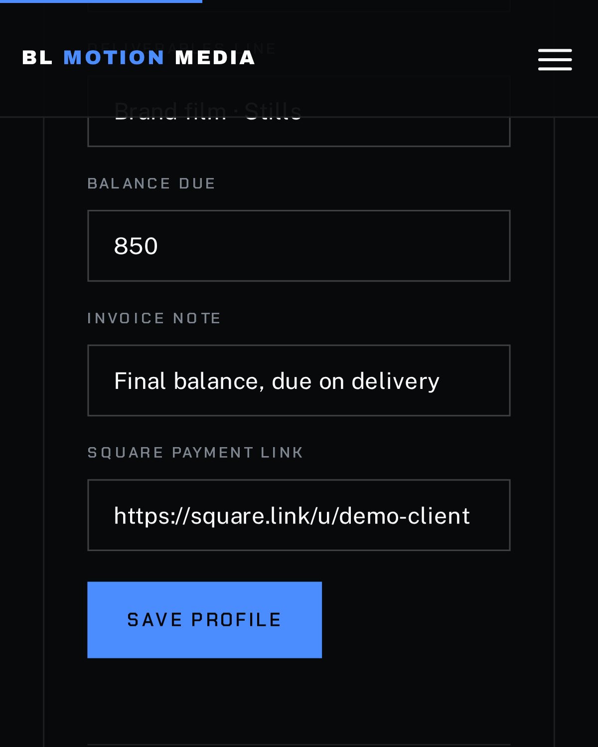 Owner portal on a phone: balance, invoice note and Square payment link