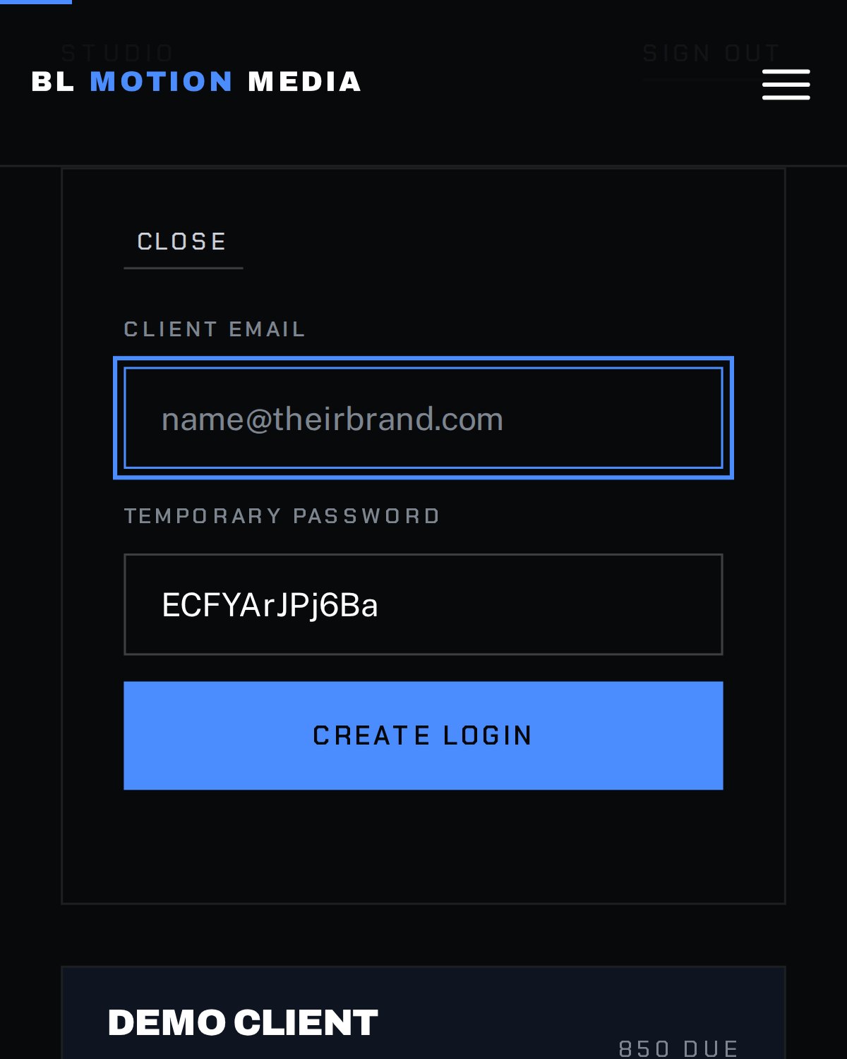 Owner portal on a phone: creating a new client login