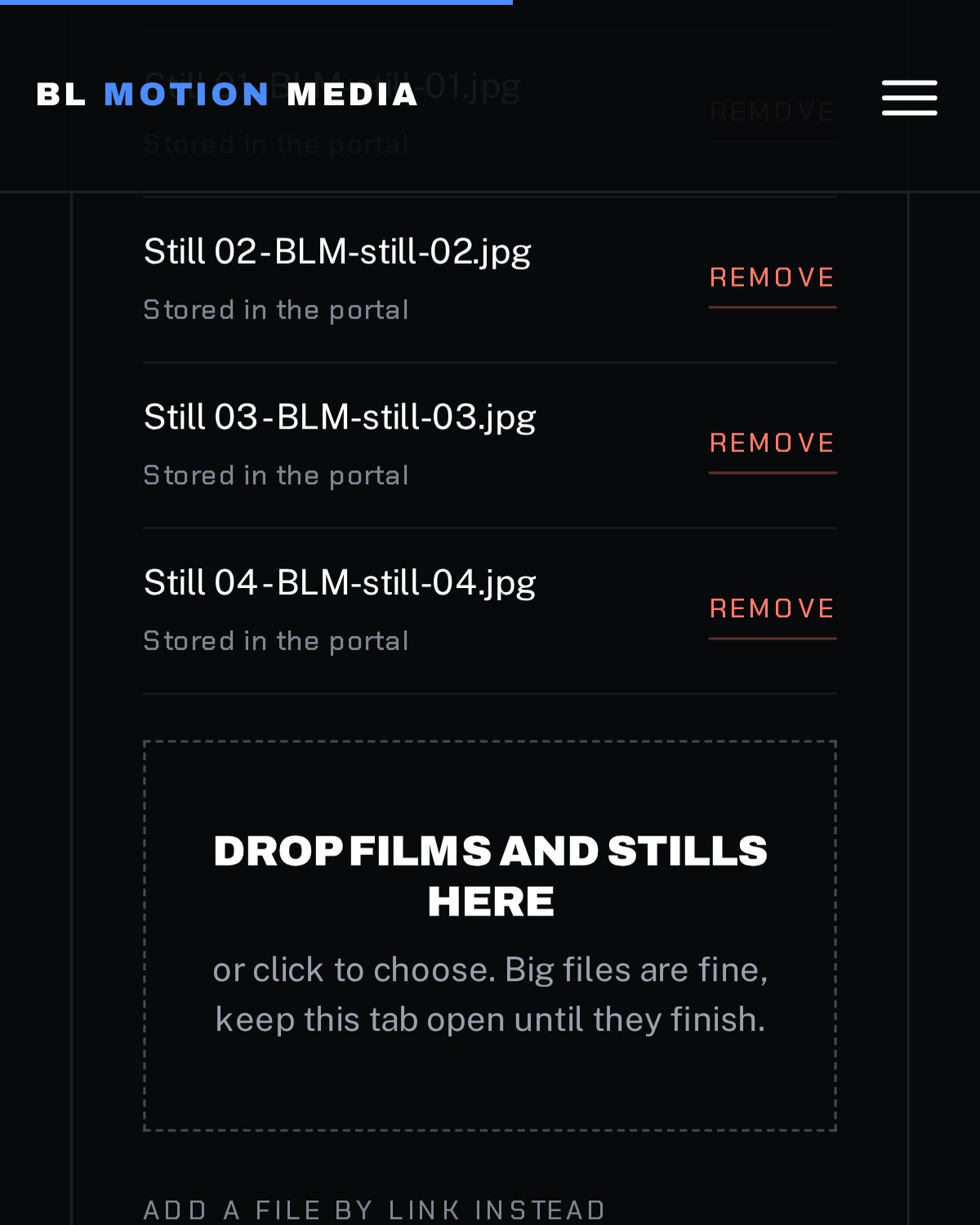 Owner portal on a phone: the file list and the drop zone for new films and stills