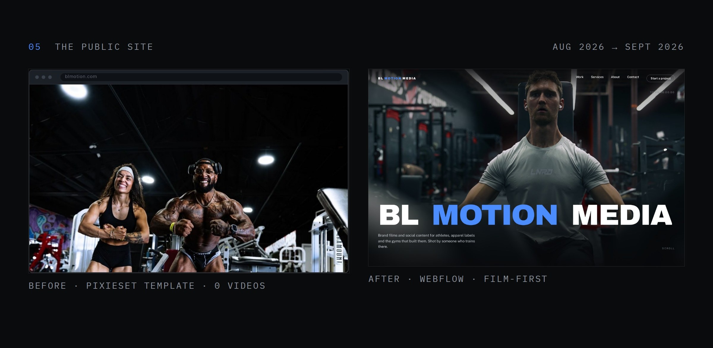 The public site before and after: the old Pixieset template beside the new film-first home page
