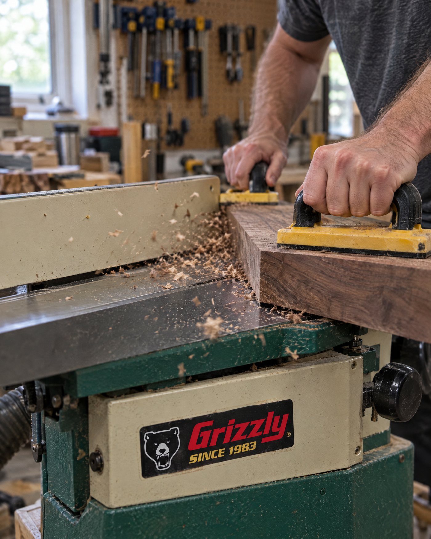 Hands feeding a walnut board across a Grizzly jointer