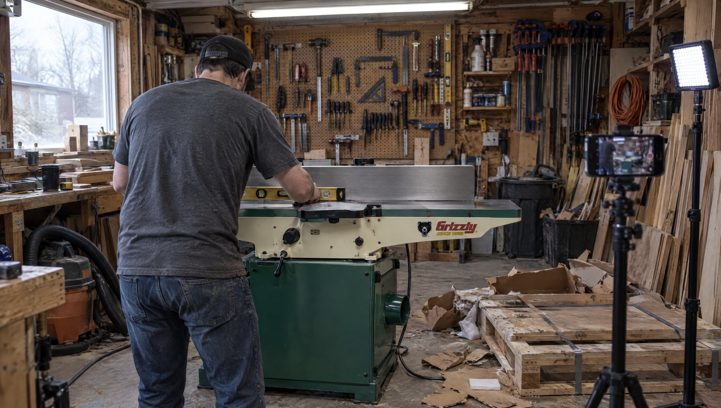 A maker leveling a newly delivered Grizzly jointer in a small garage shop, with a phone on a tripod set up to film it
