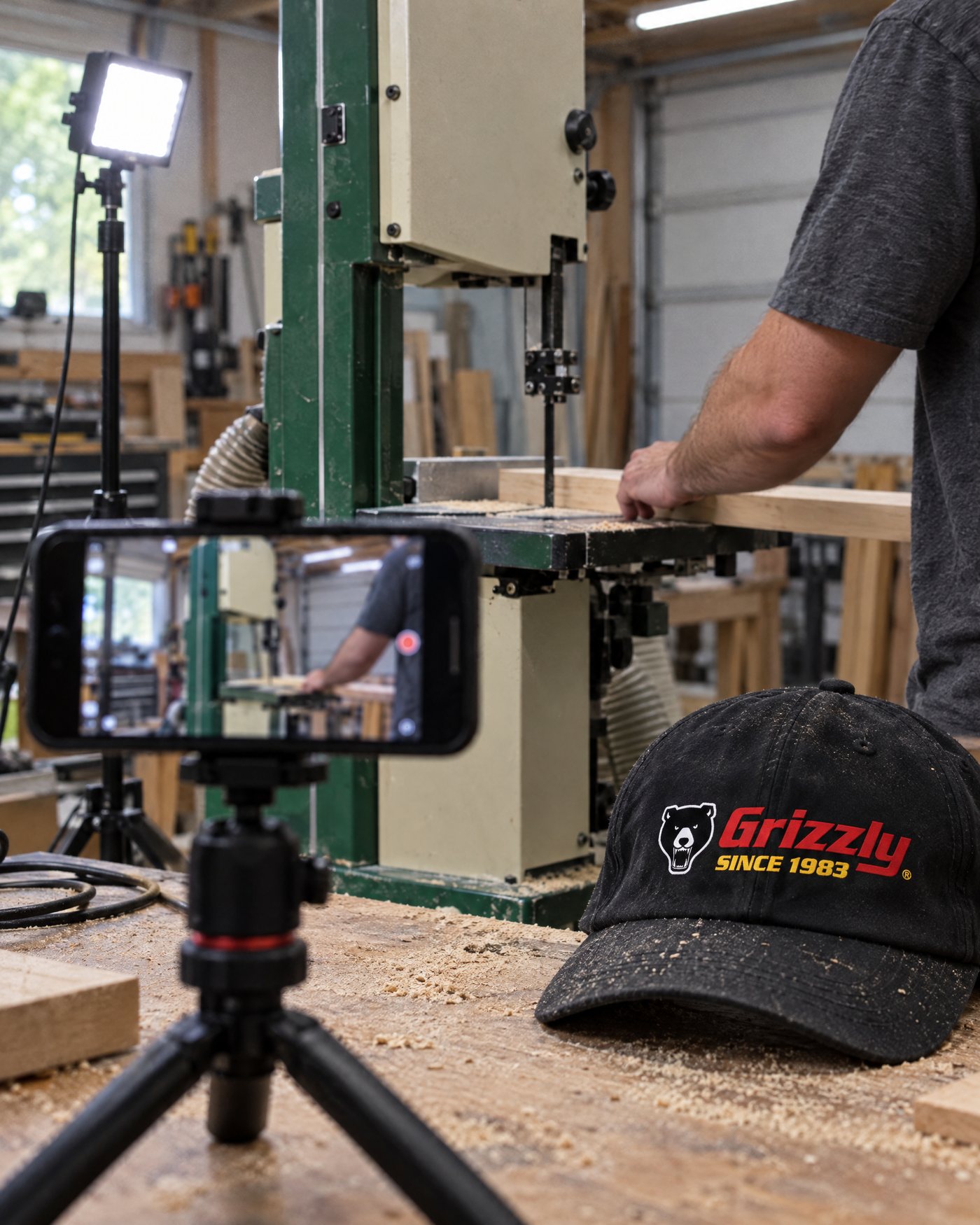 A phone on a tripod filming a Grizzly bandsaw, with a Grizzly cap on the bench