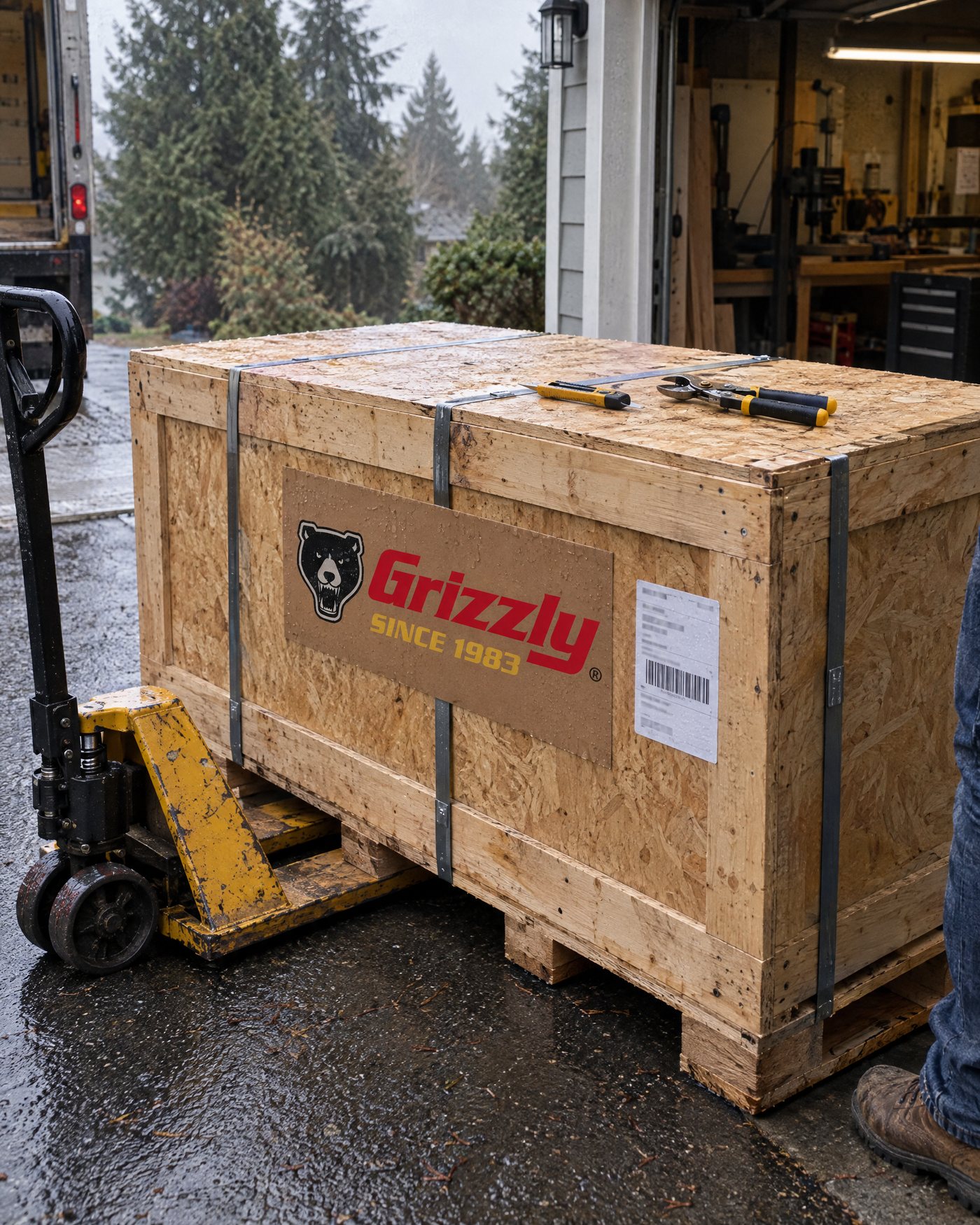 A crated Grizzly machine on a pallet in a creator's driveway on delivery day