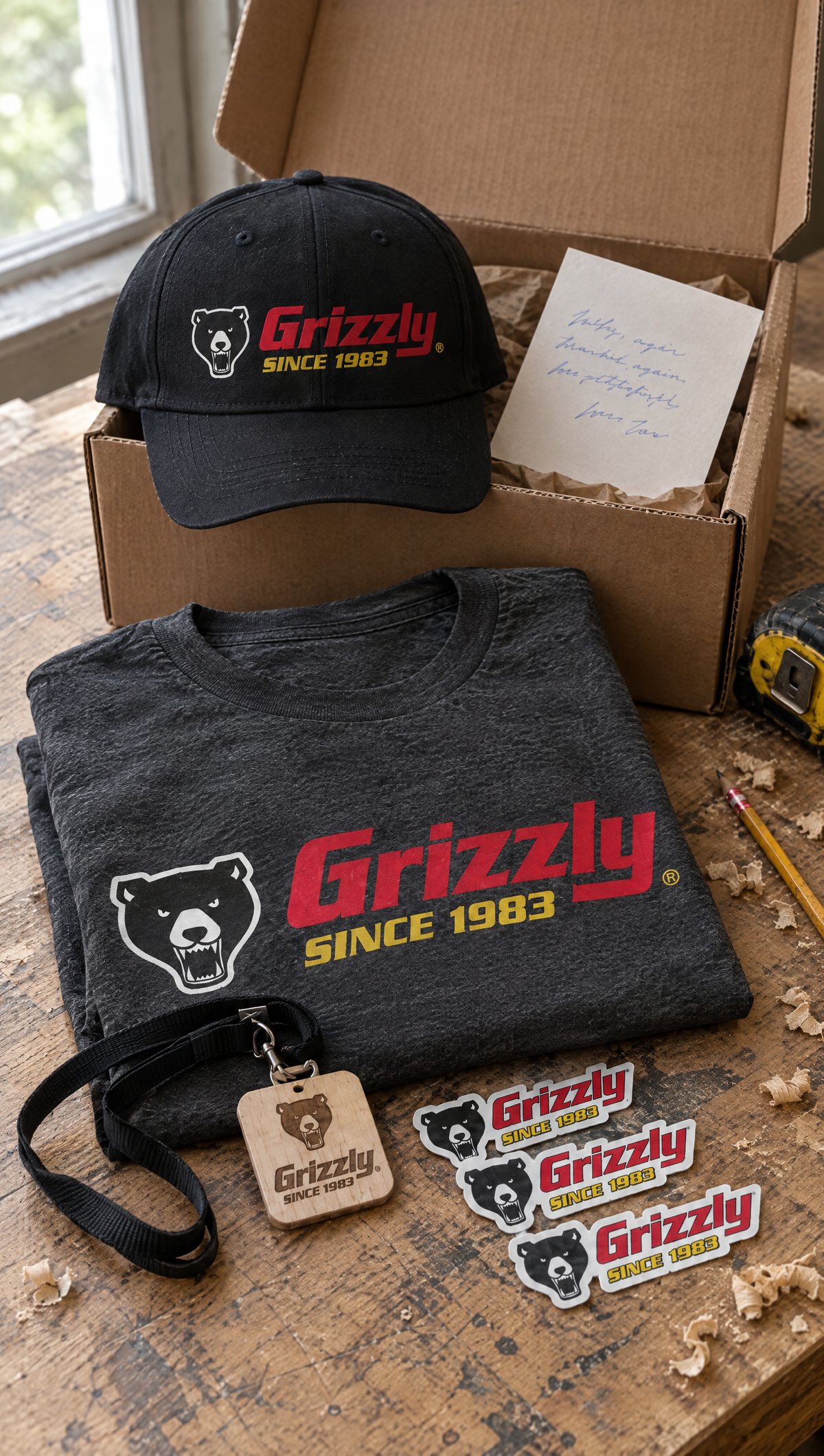 Grizzly Maker Program welcome kit on a workbench