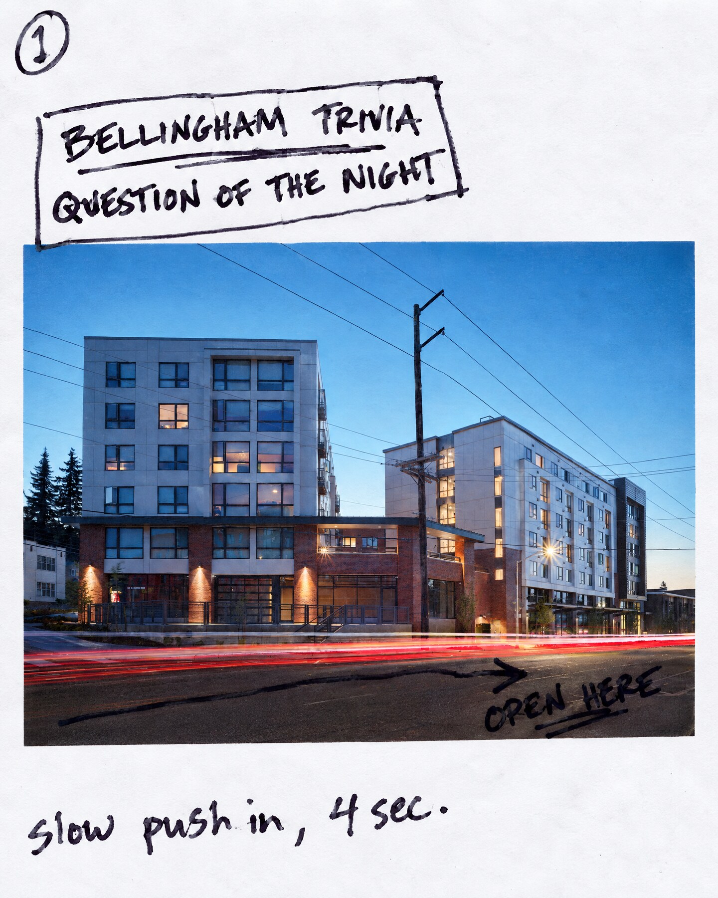 Storyboard panel 1: title card over the dusk photo of Samish Way