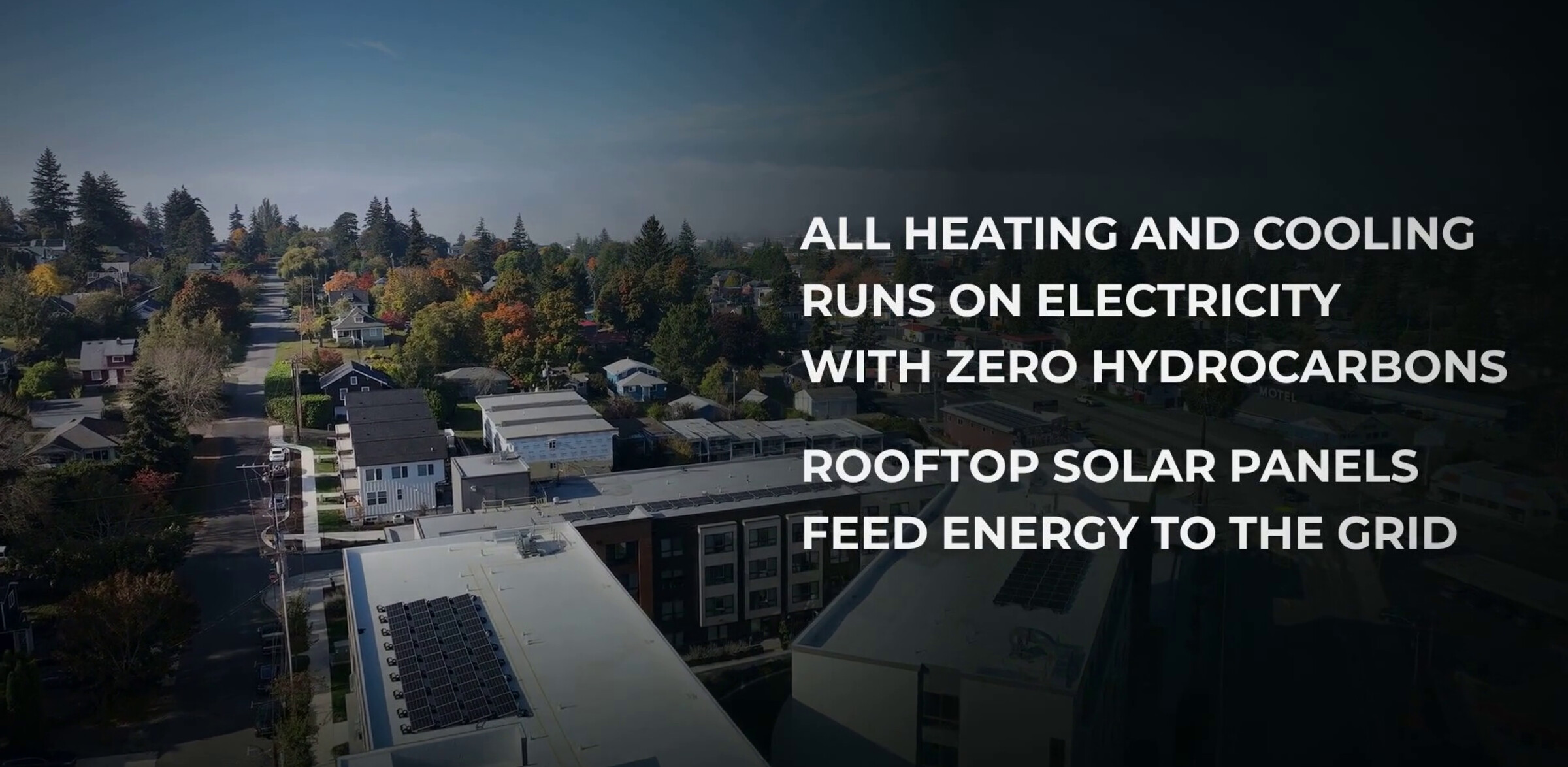 Drone pass over the Samish Commons rooftop solar with the all-electric fact