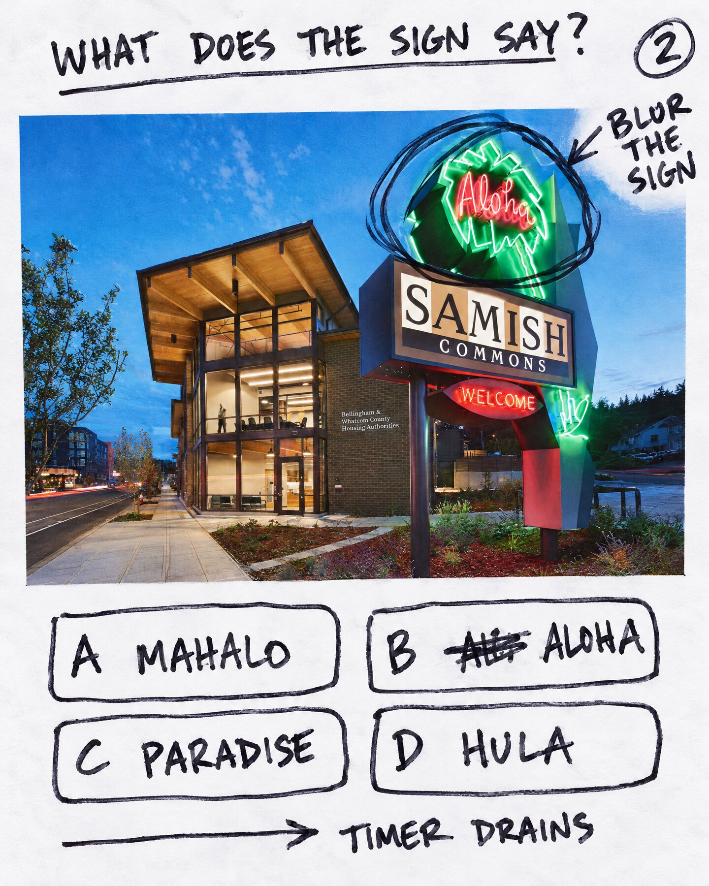 Storyboard panel 2: blur the sign, four answers, timer drains