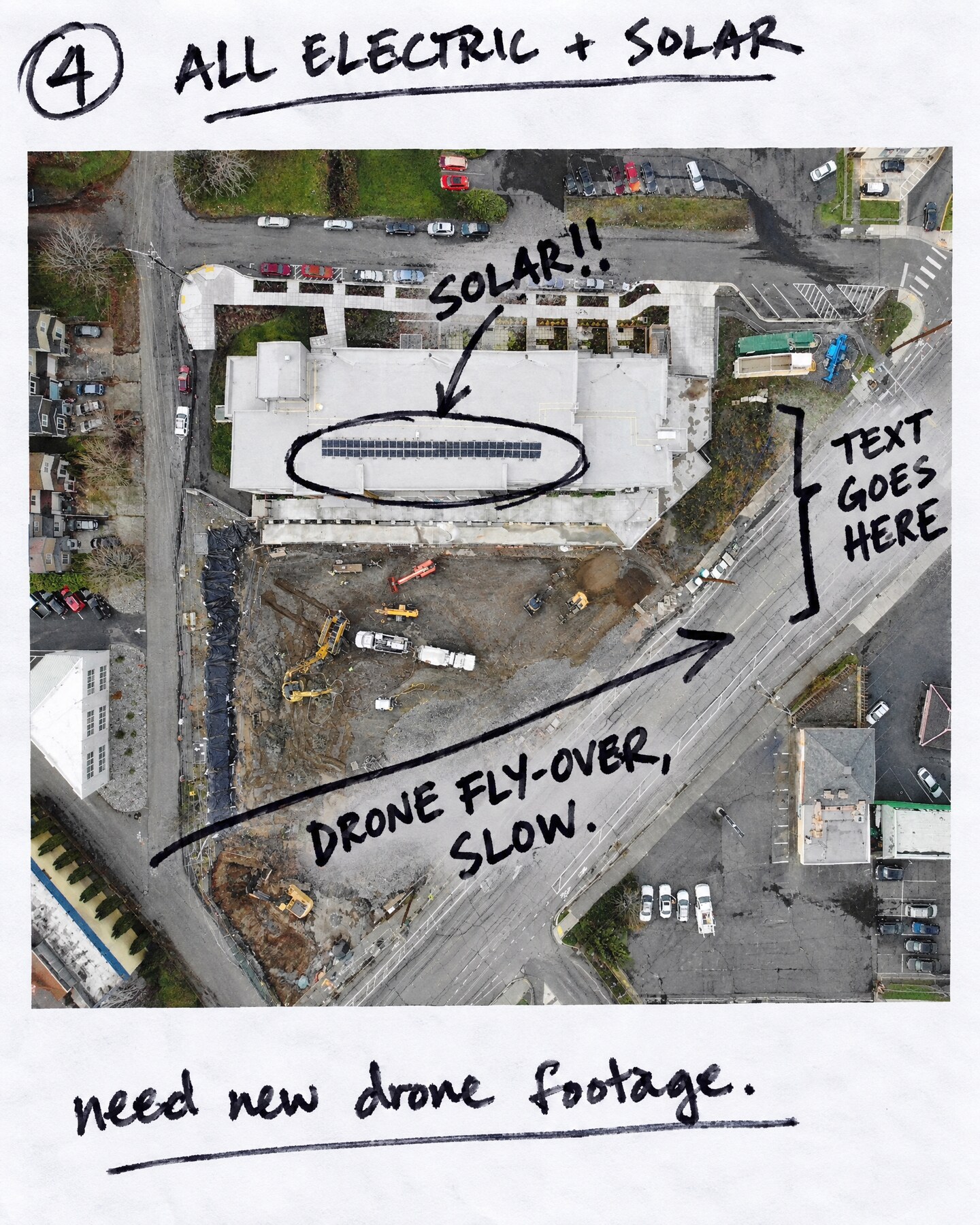 Storyboard panel 4: circle the rooftop solar, drone fly-over