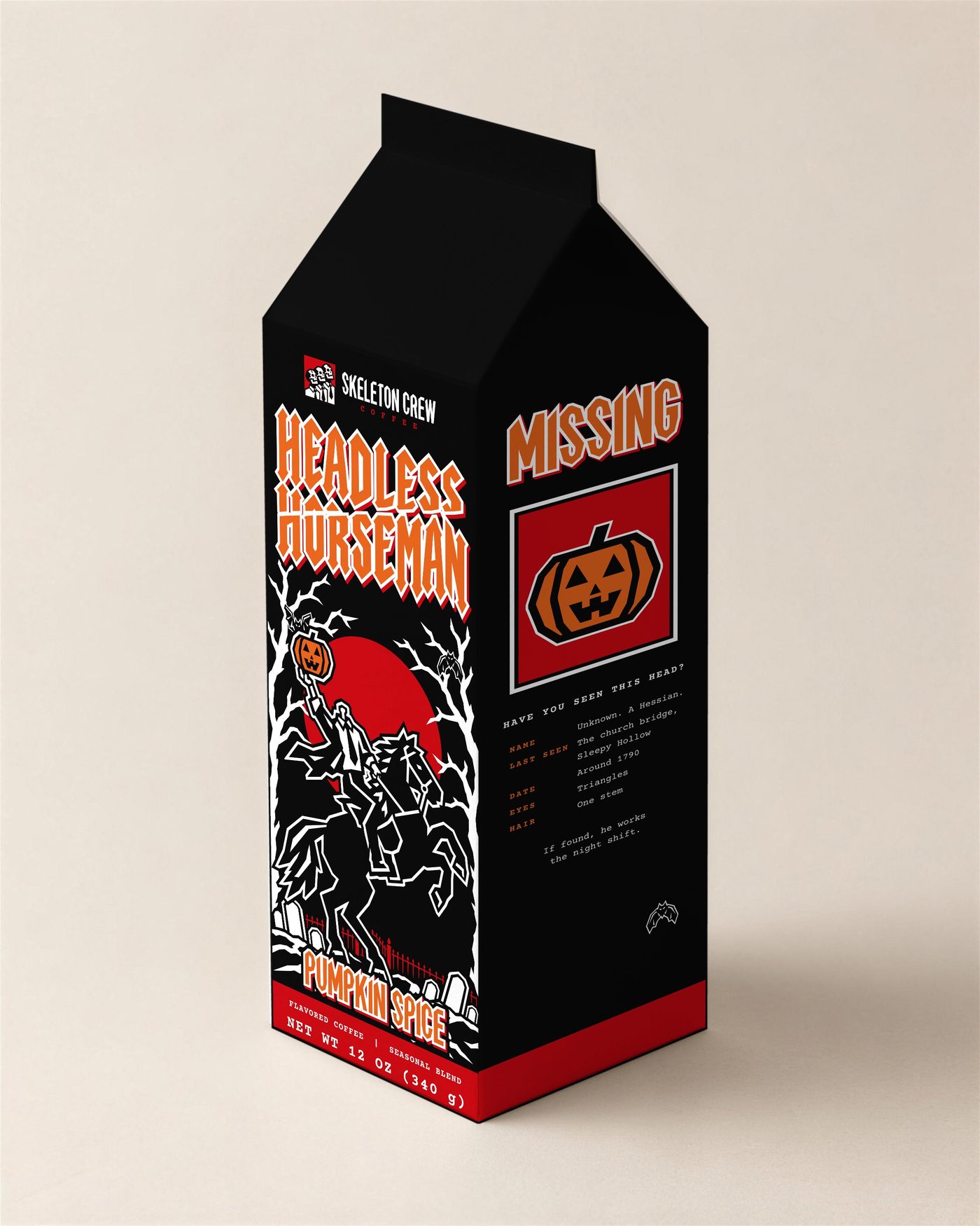 The Headless Horseman pumpkin spice 12 oz carton