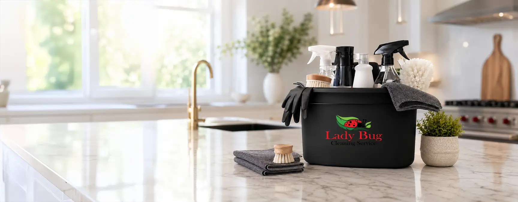 Cleaning supplies and gloves in a Lady Bug Cleaning Service bucket on a kitchen countertop.