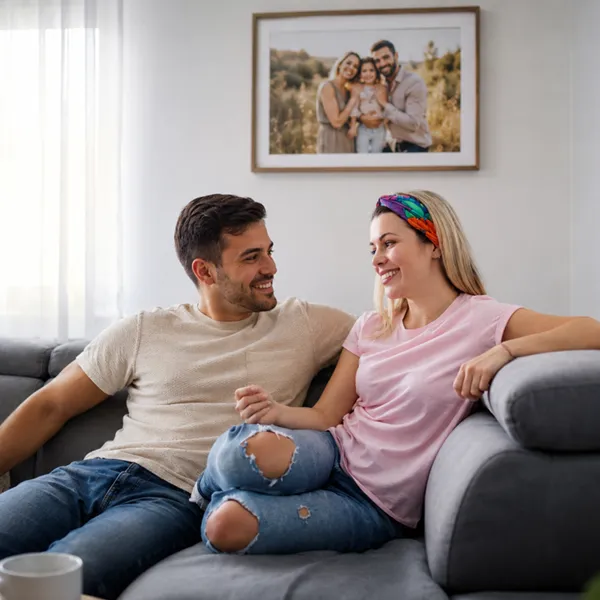 Smiling couple sitting closely on a gray couch in a bright living room with family photo on the wall.