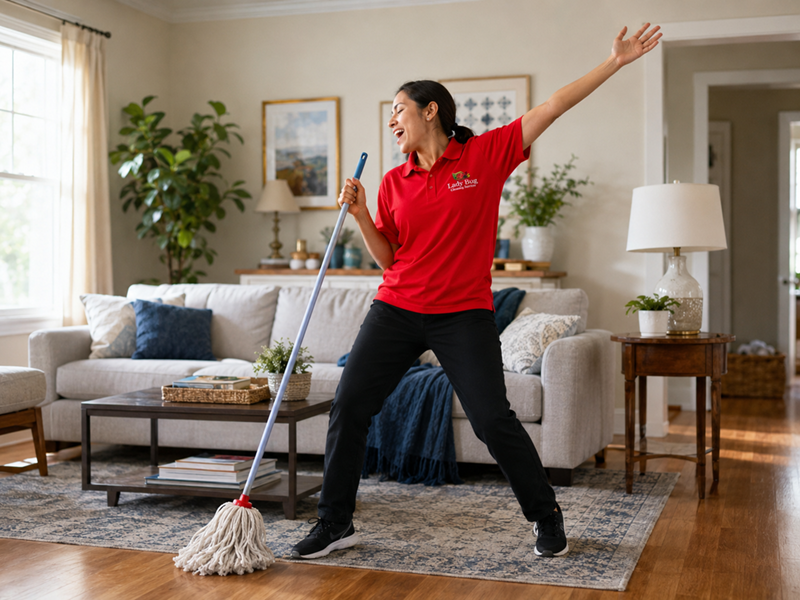 Woman joyfully dancing with a mop in a bright living room with a sofa and plants.