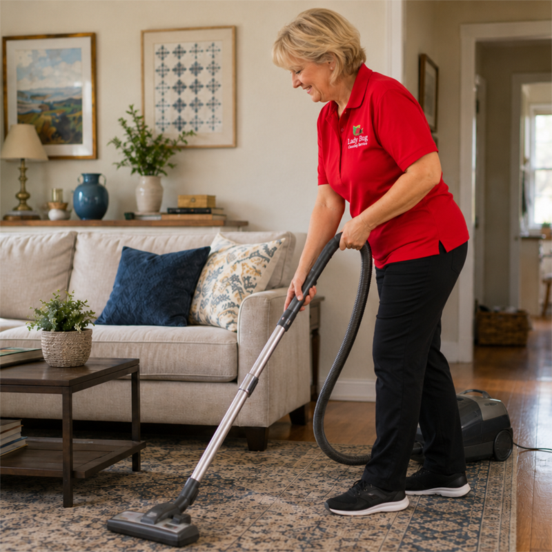 Woman in red shirt vacuuming patterned rug in a cozy living room with beige sofa and coffee table.