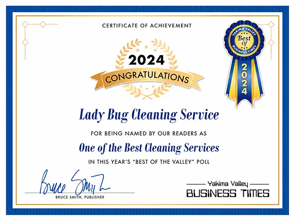 Certificate congratulating Lady Bug Cleaning Service as one of the best cleaning services in 2024.