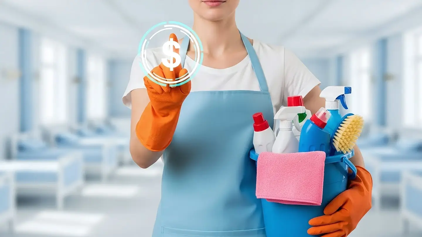 Cleaner in orange gloves holding a bucket of supplies beside a dollar-sign icon, illustrating what house cleaning costs in Yakima.