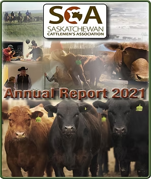 Cover of 2021 Annual Report of Saskatchewan Cattlemen's Association with cattle and ranch scenes.