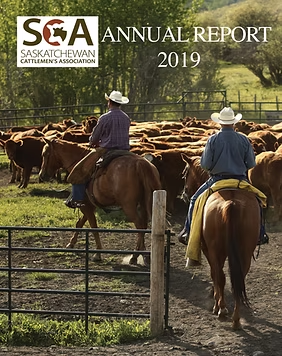 Two cowboys on horseback herding cattle in a fenced pasture, with a logo and annual report text above.