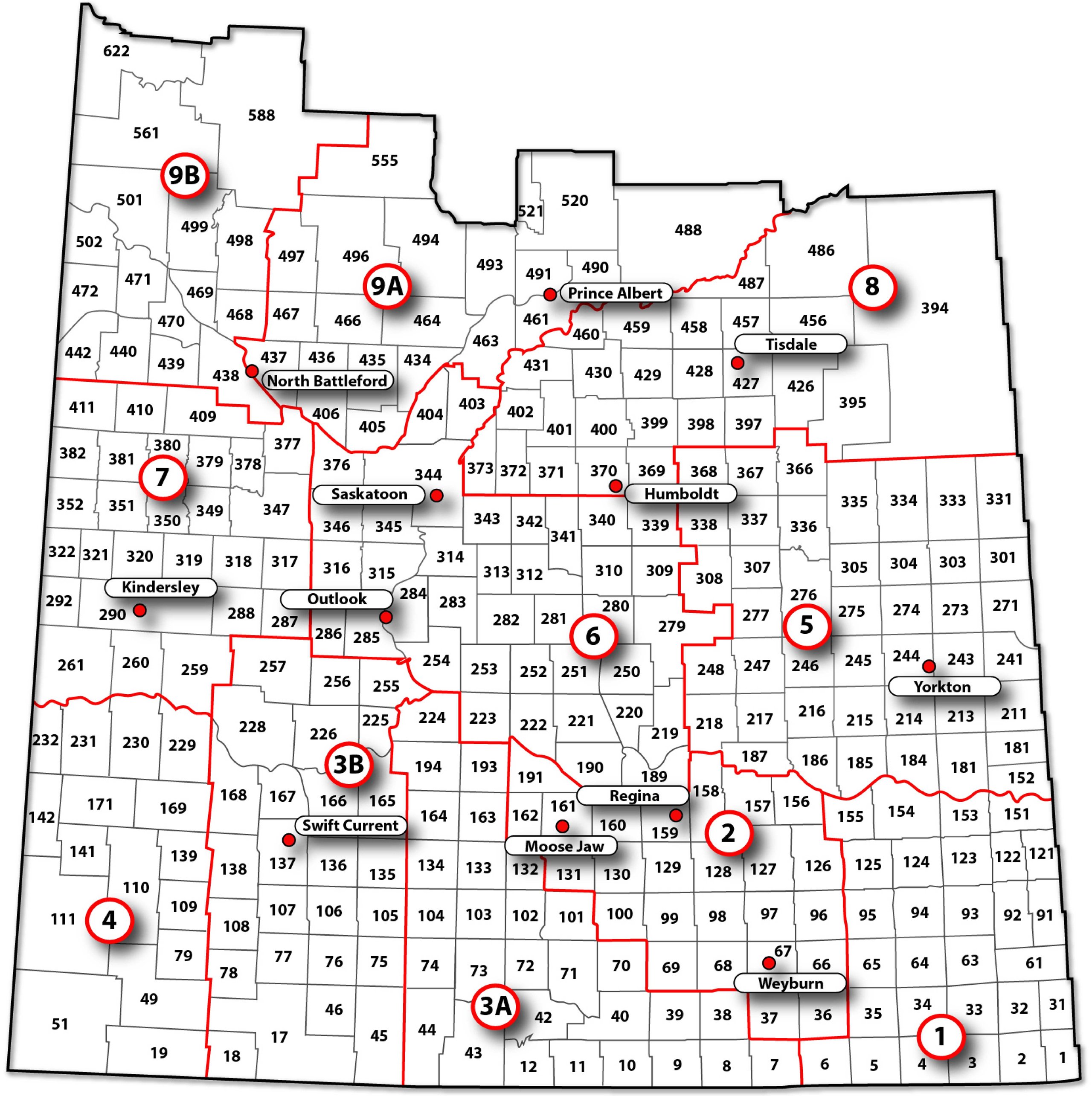 Map of numbered districts in Saskatchewan with major cities like Saskatoon, Regina, and Yorkton marked.