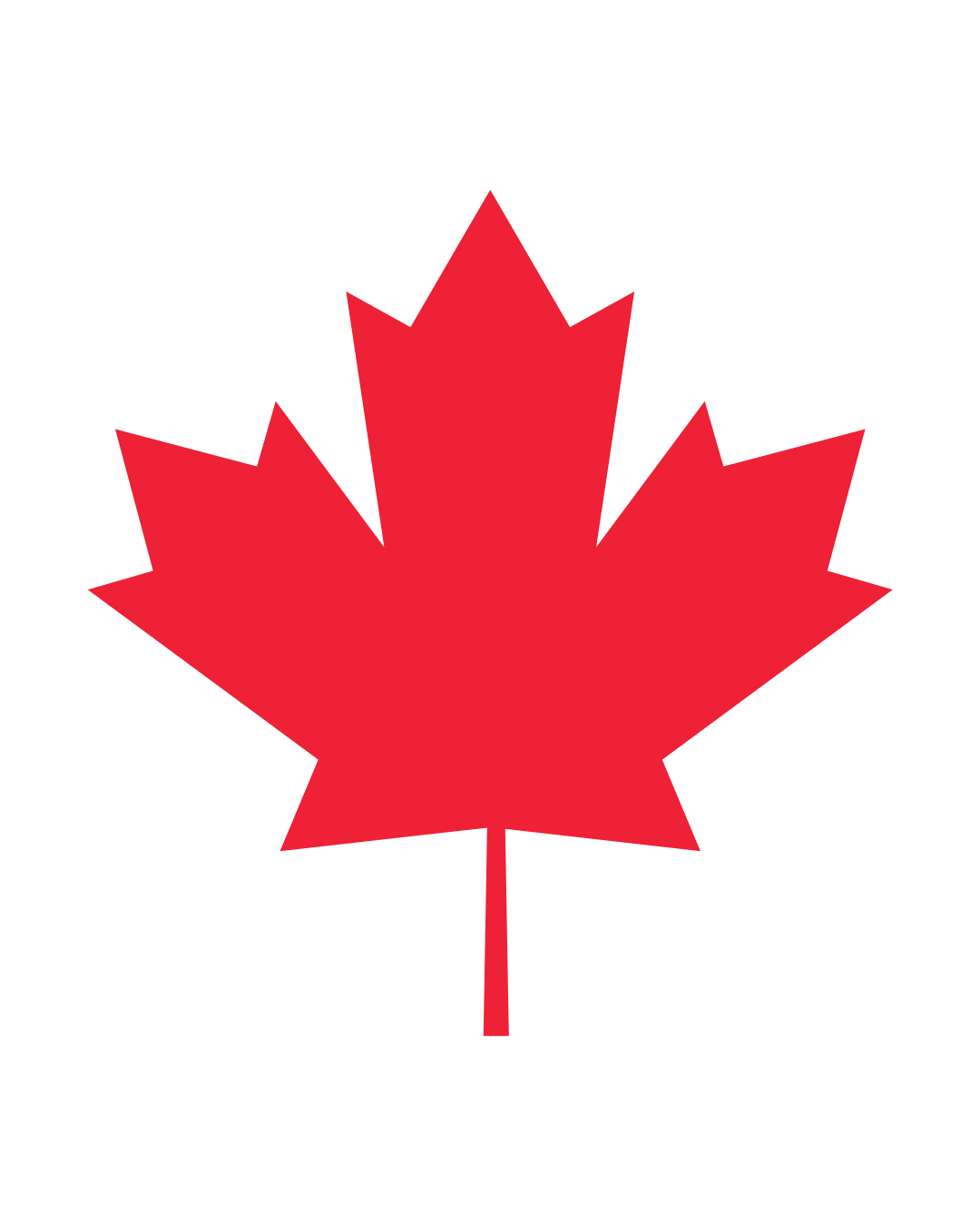 Red maple leaf silhouette with five main points and a short stem on transparent background.
