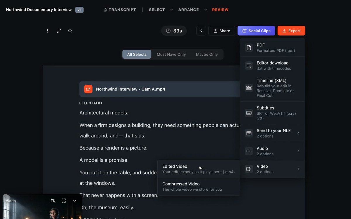 ScriptCut export menu with timeline XML and editing software options