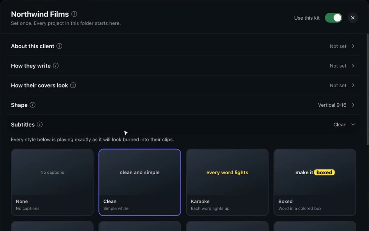 A client kit in ScriptCut with shape and subtitle settings