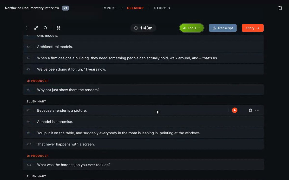 ScriptCut transcript with speakers and timecode