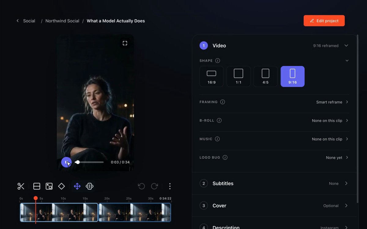 The ScriptCut social clip editor reframing a clip to vertical