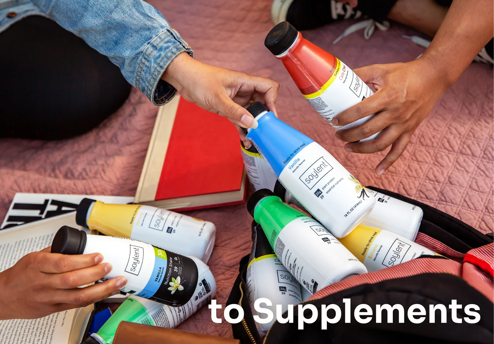 Soylent supplement bottles with "to supplements" written on the lower right corner.