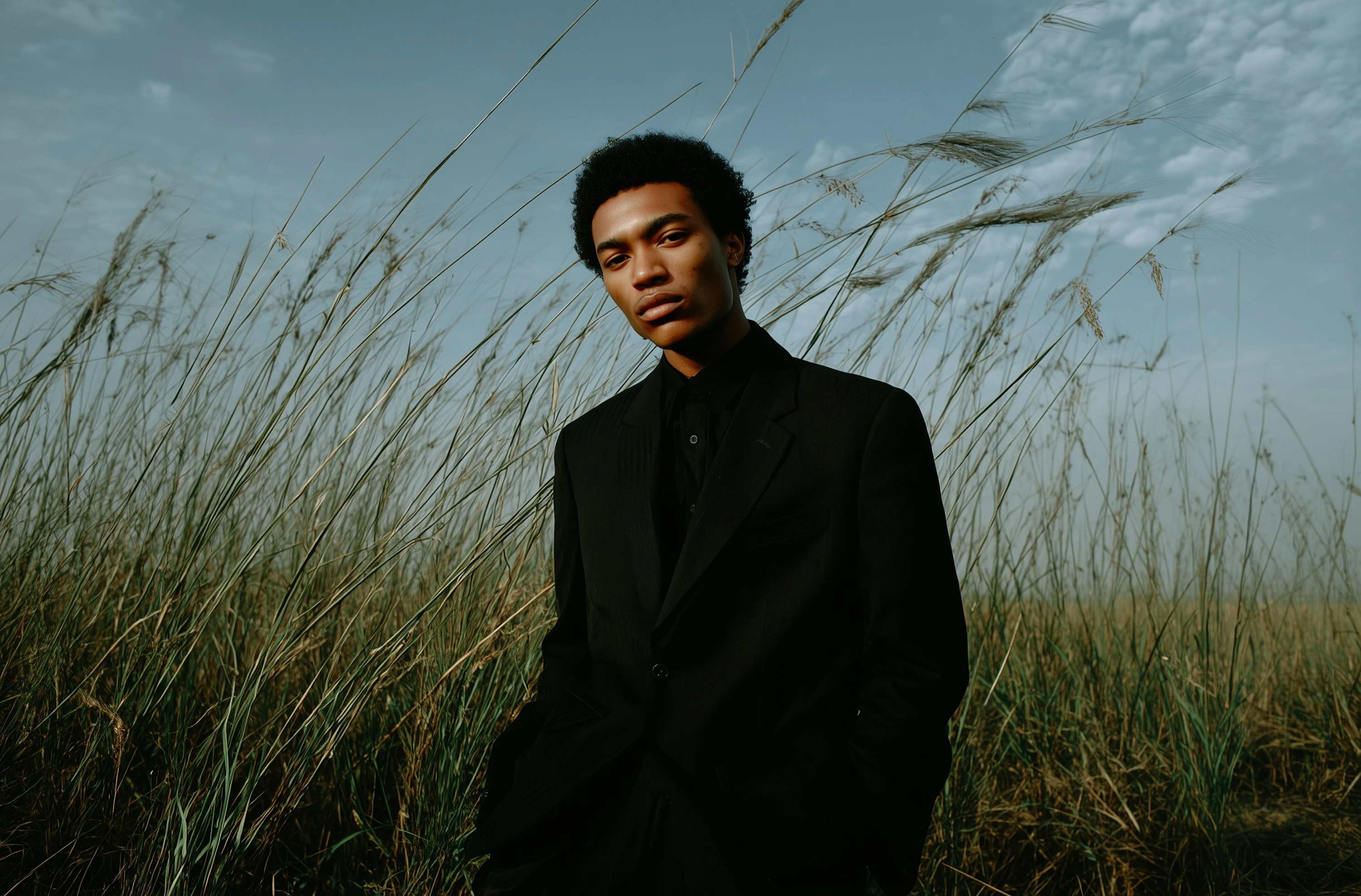 Young man in a black suit standing in tall grass under a partly cloudy sky.