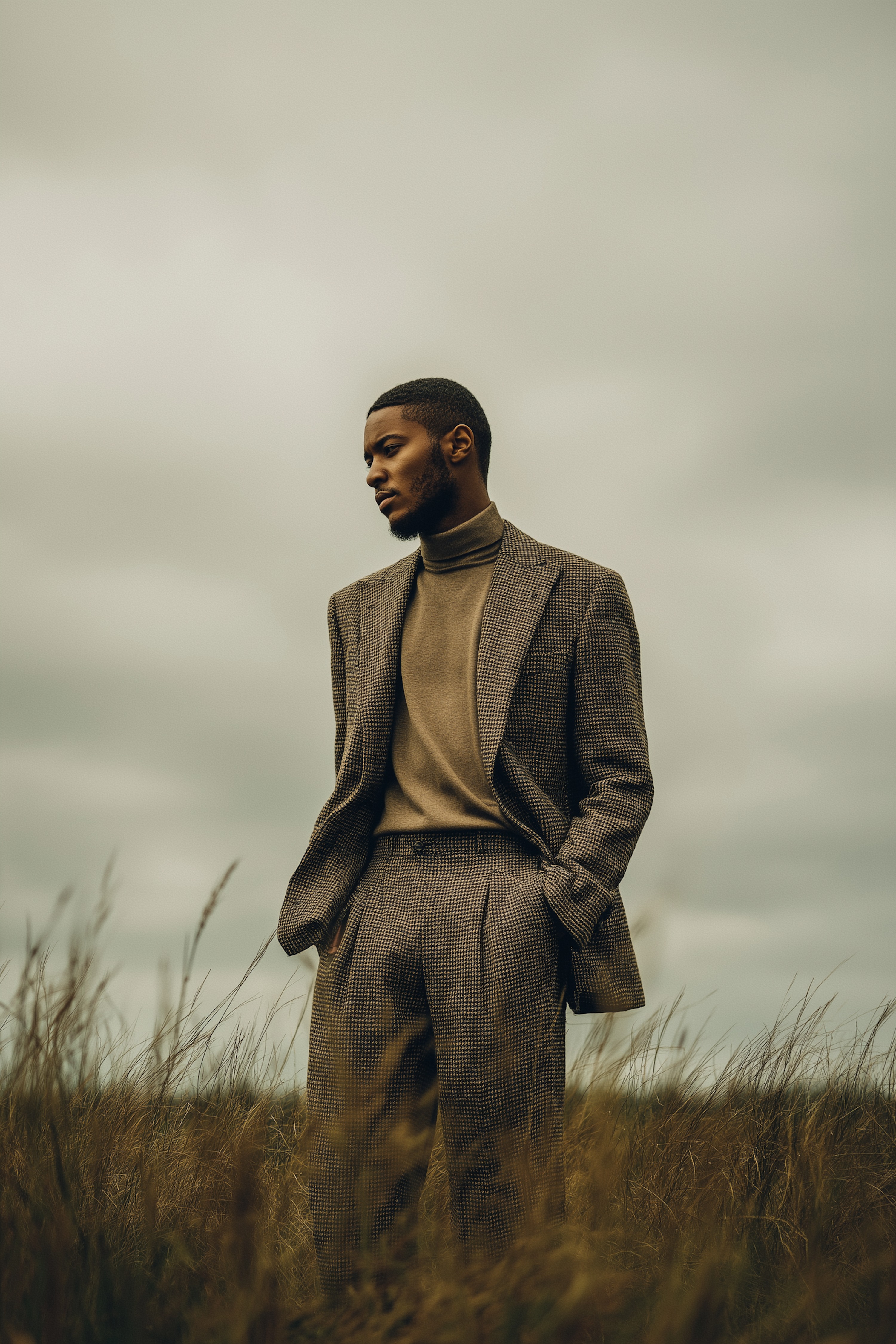 A man wearing a brown checkered suit and beige turtleneck stands in a field of tall dry grass under a cloudy sky.