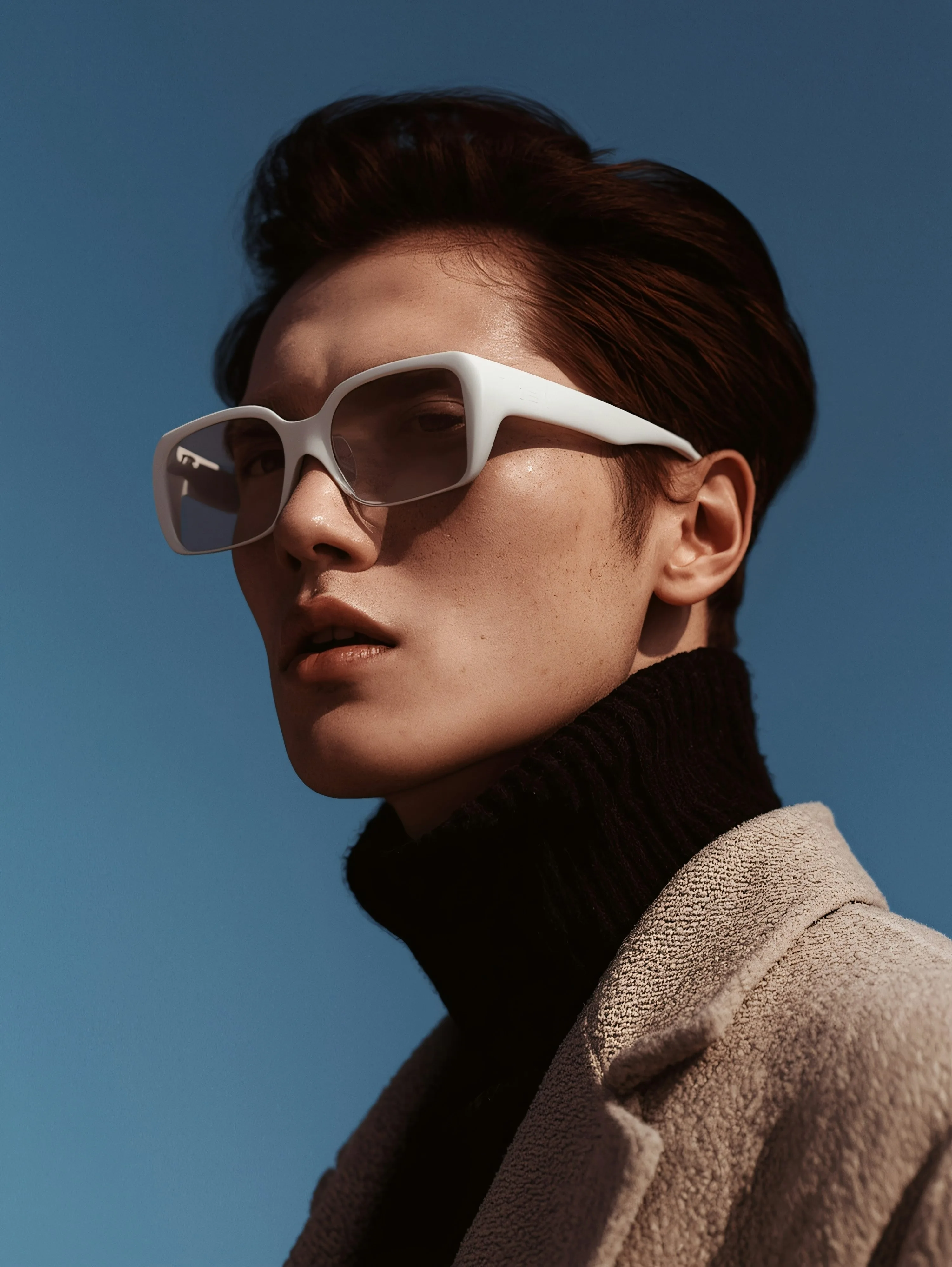 Portrait of a person wearing white rectangular sunglasses, a black turtleneck, and a beige textured coat against a clear blue sky.
