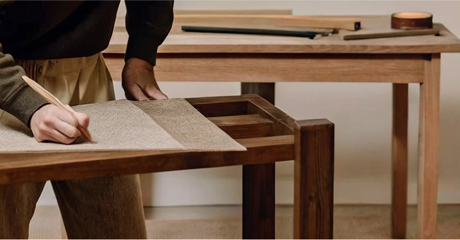 Person sketching a design on paper on a wooden workbench with another wooden table and tools in the background.