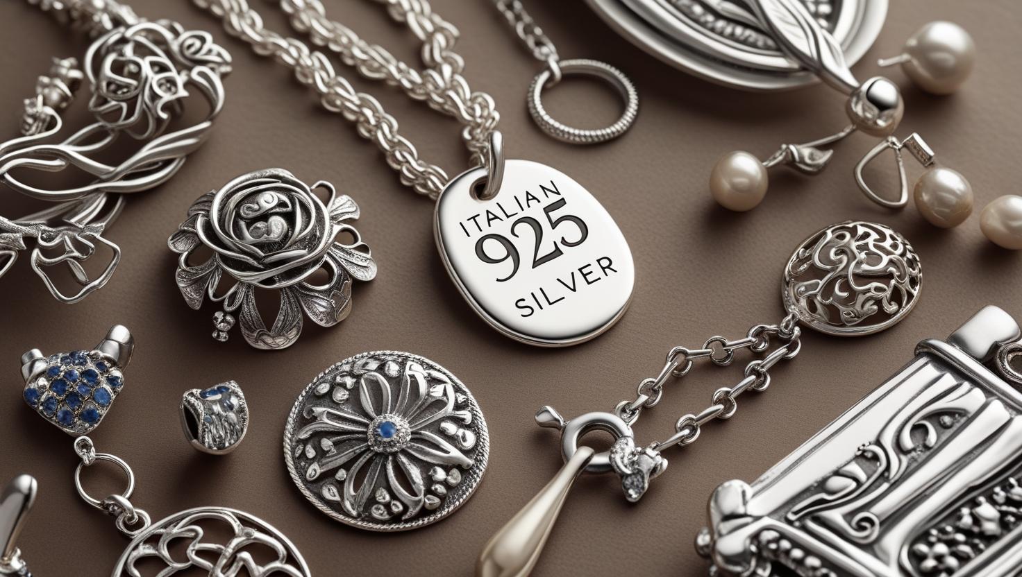 Variety of 925 Italy silver jewelry pieces including pendants, brooches, and a polished oval tag.
