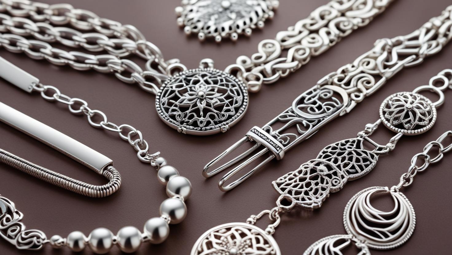 Close-up of assorted 925 Italy silver necklaces and bracelets with intricate filigree designs.