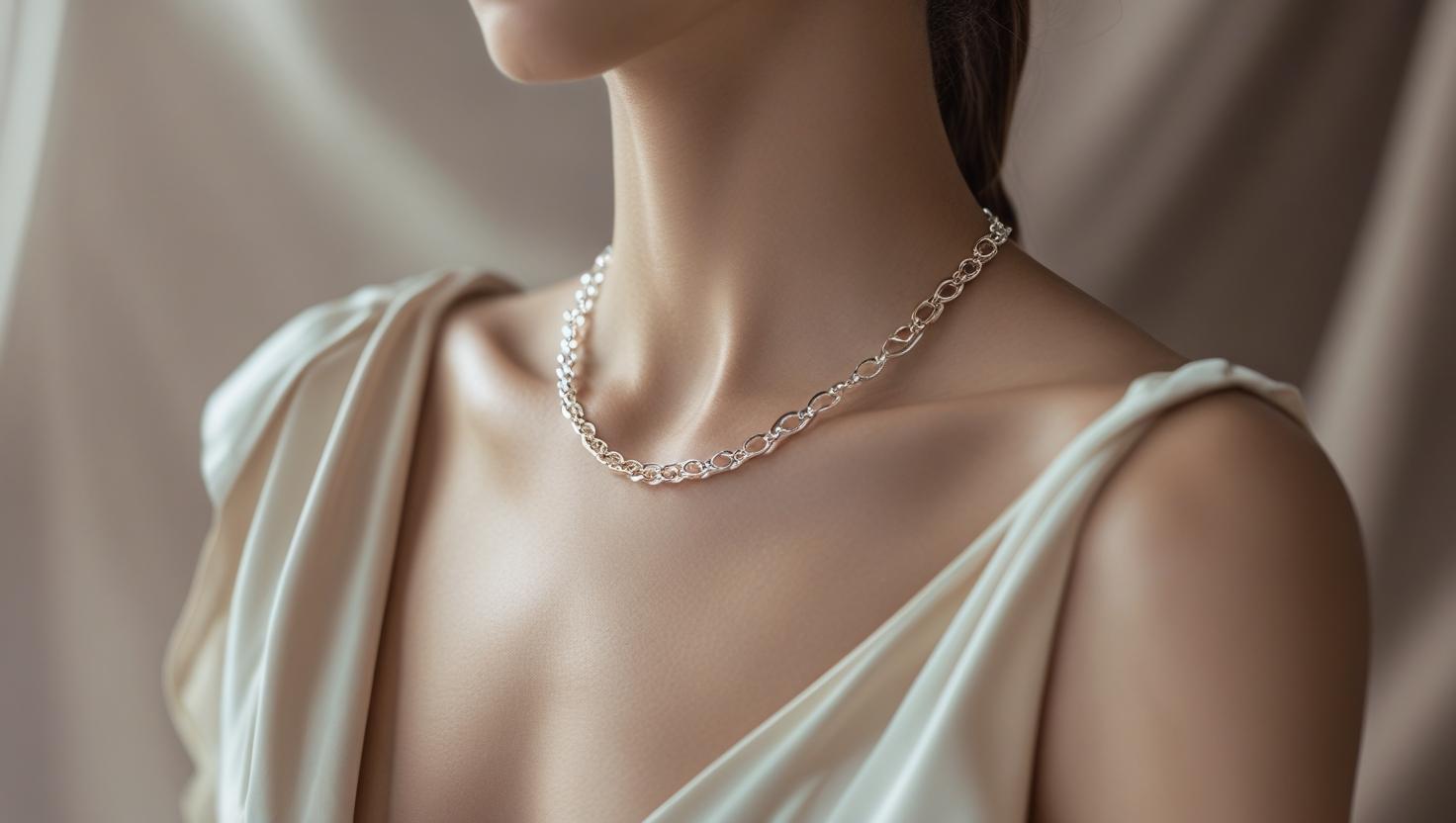Close-up of a silver chain necklace with a satin outfit.