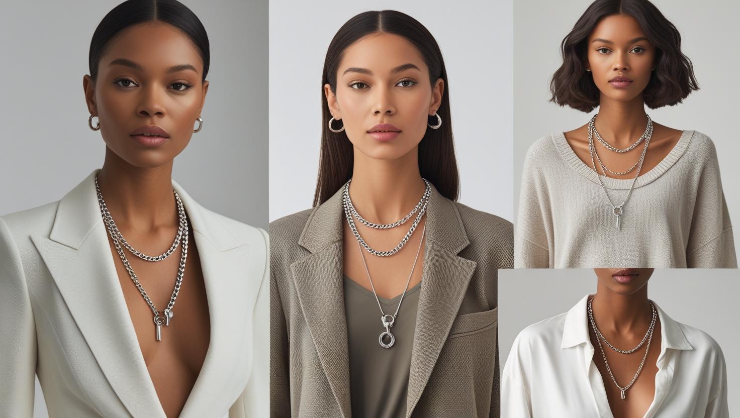 Layered silver chain necklaces styled with blazers and sweaters.