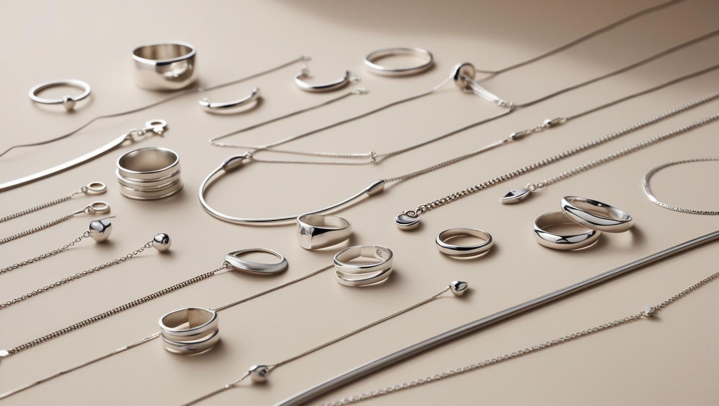 Flat lay of minimalist 925 Italy silver rings, bracelets, and necklaces arranged on a beige background, capturing modern 2025 jewelry trends.