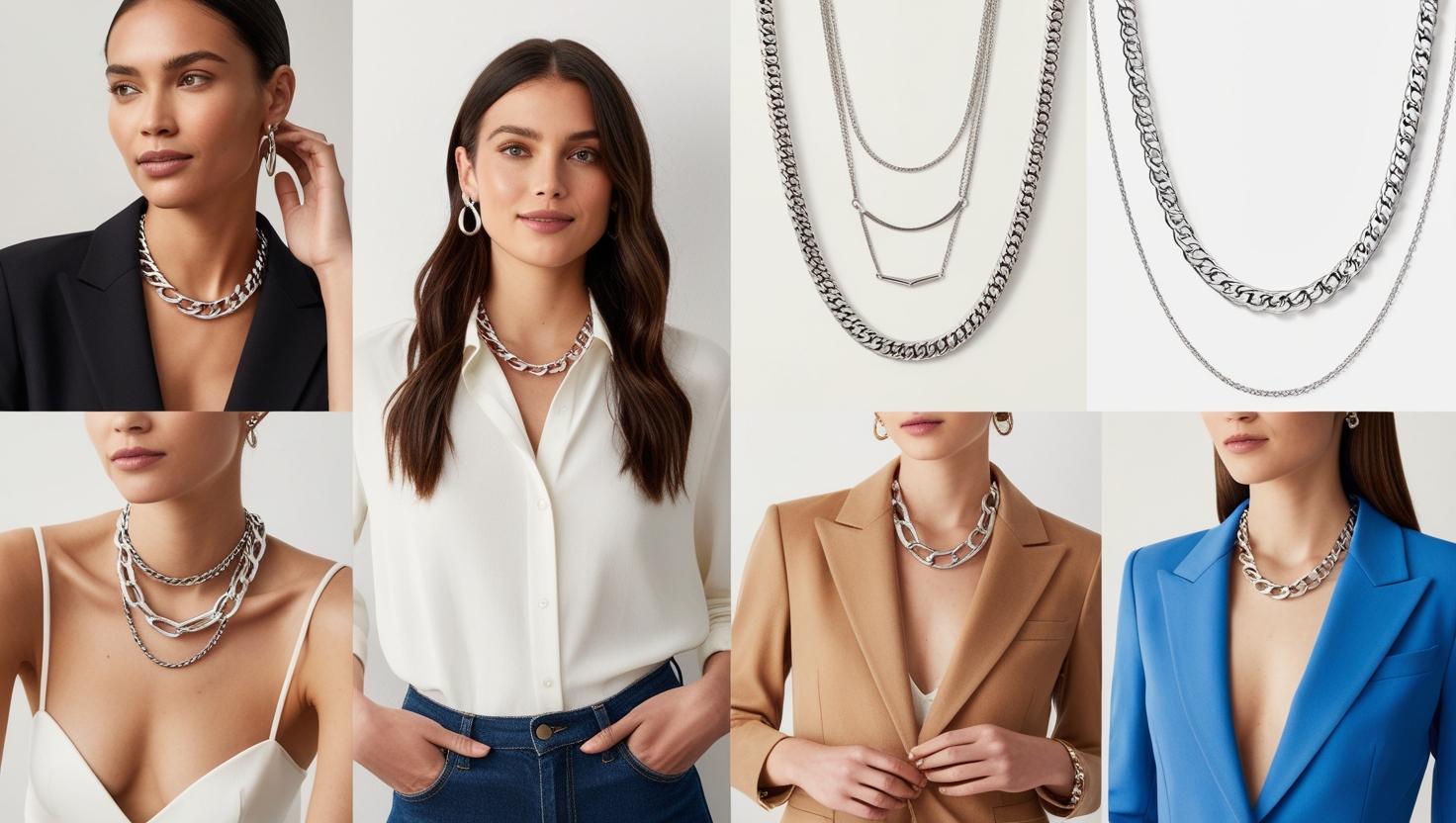 Fashion models styled with layered 925 Italy silver chain necklaces and earrings, demonstrating versatile silver looks for every outfit.