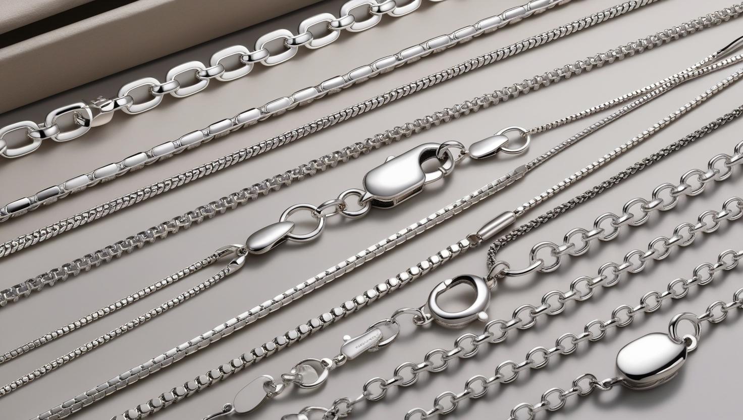 Close-up of various 925 Italy silver chain necklace styles and clasps arranged neatly, highlighting different link patterns and textures in 925 sterling silver.