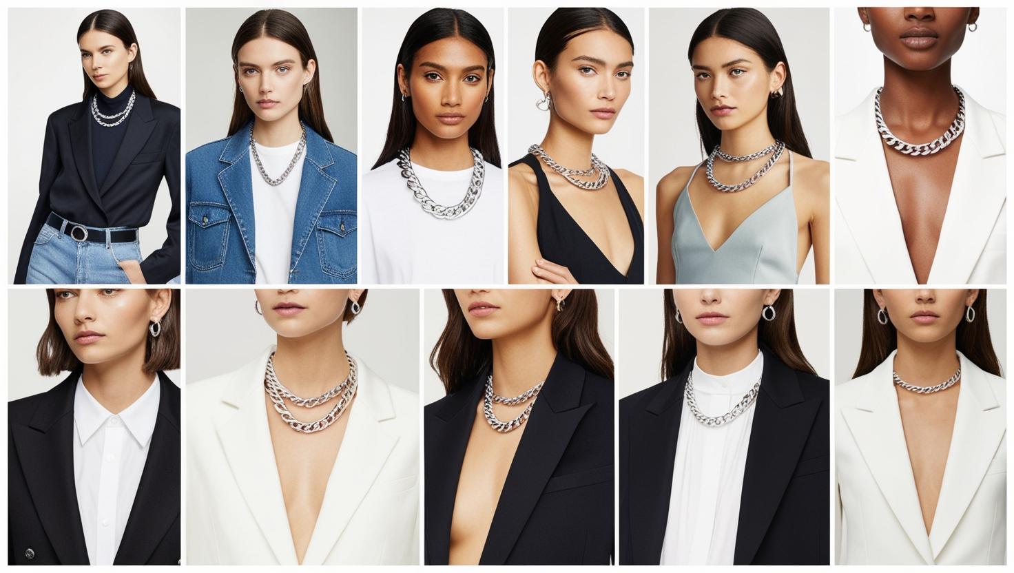 Women modeling 925 Italy silver chain necklaces styled with various outfits.