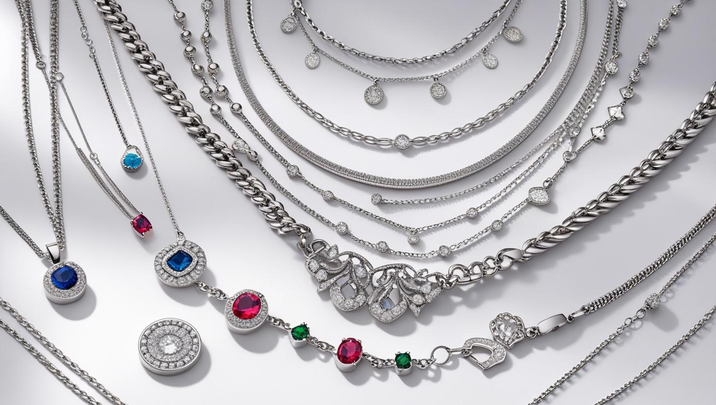 Assorted sterling silver necklaces featuring gemstone pendants, chains, and elegant designs displayed on a flat surface.