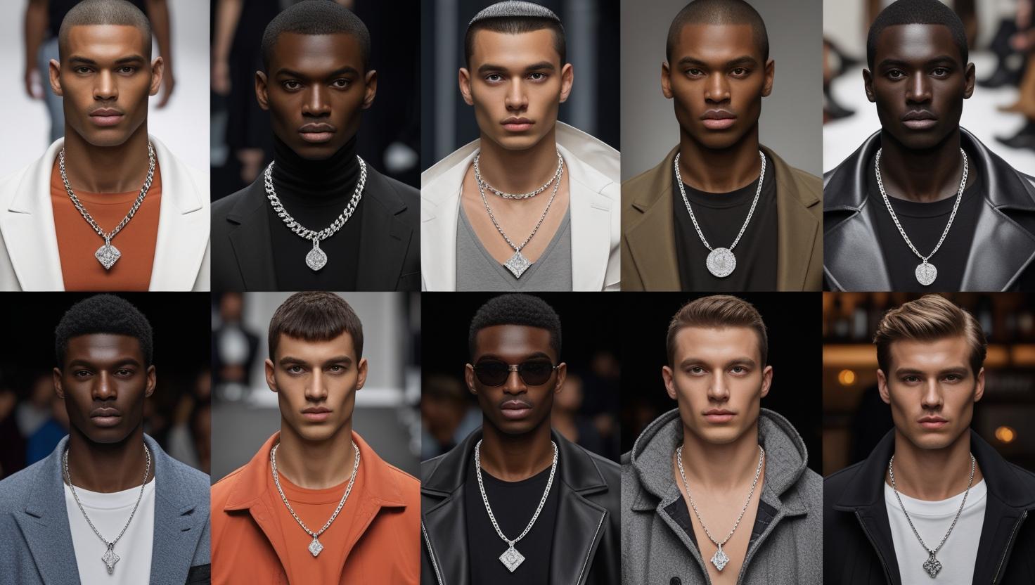 Male models on the runway wearing bold silver necklaces with pendants, highlighting the rise of sterling silver in men’s fashion for 2025.